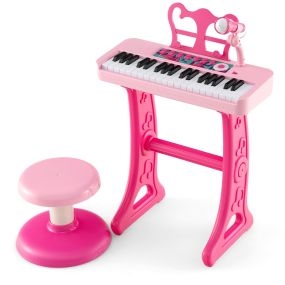 Juguete de Teclado de Piano de 37 Teclas para Niños con Taburete Micrófono Ajustable Atril Extraíble Piano Juguete Electrónico Rosa