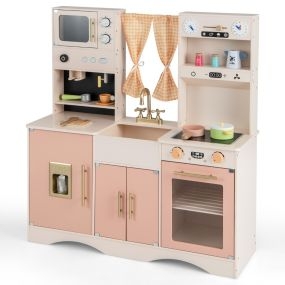 Juego de Cocina de Madera para Niños de 3 Años con Microondas Cafetera Máquina de Hielo Fregadero Relojes Horno y Accesorios Rosa