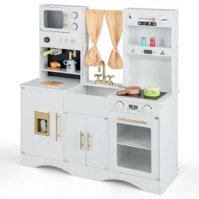 Juego de Cocina de Madera para Niños de 3 Años con Microondas Cafetera Máquina de Hielo Fregadero Relojes Horno y Accesorios Blanco