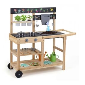 Cocina exterior infantil de abeto con ruedas, caja de agua y utensilios, 91 x 37 x 91 cm, natural negro