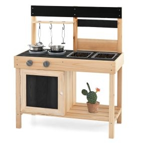 Set de Cocina de Barro para Niños con 2 Fregaderos Removibles Grifo Estufas y Accesorios de Cocina para 3+ Años 67 x 30 x 82 cm Natural