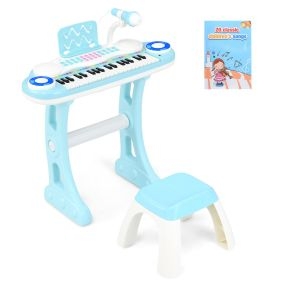 Juguete Teclado Piano Electrónico para Niños de 37 Teclas con Patas Desmontables Banquito Soporte para Partitura Micrófono 8 Ritmos Azul