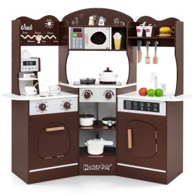 Cocina de Juguete de Esquina de Madera Juego de Cocina para Niños con Luces y Sonidos Máquina de Café Microondas Horno y Accesorios Marrón