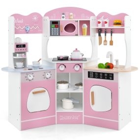 Cocina de Juguete de Esquina de Madera Juego de Cocina para Niños con Luces y Sonidos Máquina de Café Microondas Horno y Accesorios Rosa
