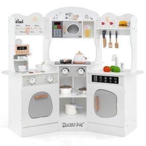 Cocina de Juguete de Esquina de Madera Juego de Cocina para Niños con Luces y Sonidos Máquina de Café Microondas Horno y Accesorios Blanco