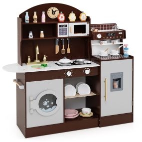 Juego de Cocina para Niños Set de Cocina de Madera con Reloj Microondas Fregadero Lavadora Fabricadores de Hielo y Café Accesorios Marrón