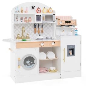 Juego de Cocina para Niños Set de Cocina de Madera con Reloj Microondas Fregadero Lavadora Fabricadores de Hielo y Café Accesorios Blanco