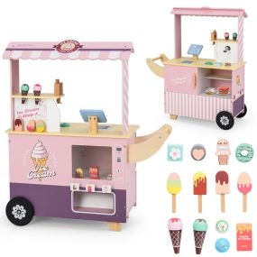 Carrito de Helados para Niños Juego de Simulación con Máquina de Helados y Máquina Expendedora Expositor 15 Juguetes de Comida Rosa