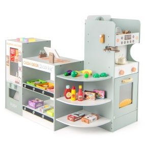 Juego de Tienda de Comestibles para Niños 3+ Años Supermercado de Juguete de Madera con Máquina Expendedora Mostrador de Caja Cafetera Gris