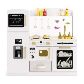 Cocina de Juego para Niños con Pizarra Microondas Iluminado Cajón y Lavavajillas Regalo para 3+ Años 86 x 27 x 83 cm Blanco