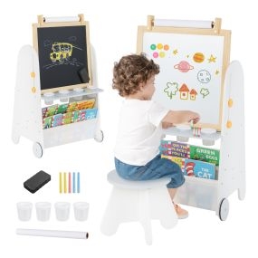 Caballete artístico para niños con taburete 4 en 1 con pizarra magnética, negra y rollo de papel