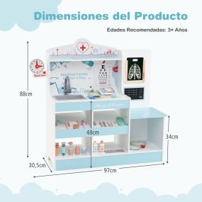 Juego de Médico de Madera con Centro Médico Monitor ECG y 24 Accesorios Carrito con Máquina CT Estetoscopio para Niños 3+ Años Azul