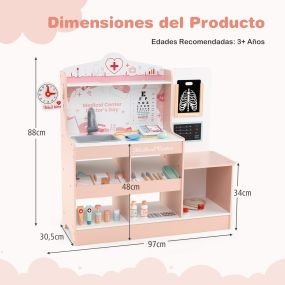 Juego de Médico de Madera con Centro Médico Monitor ECG y 24 Accesorios Carrito con Máquina CT Estetoscopio para Niños 3+ Años Rosa