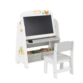 Juego de Mesa y Silla para Niños con Pizarra Blanca Magnética Pizarra de Tiza 2 Cajas de Tela Plegables para Pintar Jugar Gris