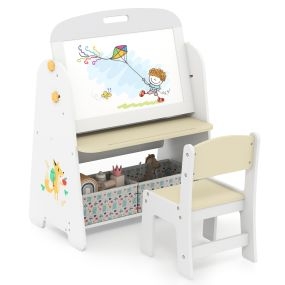 Juego de Mesa y Silla para Niños con Pizarra Blanca Magnética Pizarra de Tiza 2 Cajas de Tela Plegables para Pintar Jugar Natural