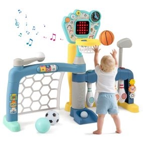 Juguete deportivo 5 en 1 para niños pequeños con aro de baloncesto ajustable, meta de fútbol y golf multicolor