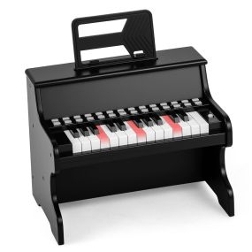 Piano de Juguete 25 Teclas para Niños con Atril y Modo Enseñanza Velocidad Volumen Ajustables Diseño Madera Negro