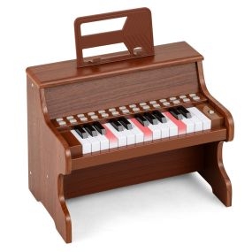 Piano de Juguete 25 Teclas para Niños con Atril y Modo Enseñanza Velocidad Volumen Ajustables Diseño Madera Café