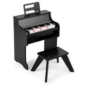 Piano de Juguete 25 Teclas para Niños con Taburete y Atril Velocidad Volumen Ajustables Modo Enseñanza Diseño Madera Negro