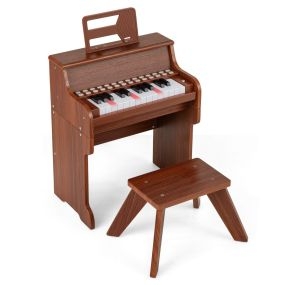 Piano de Juguete 25 Teclas para Niños con Taburete y Atril Velocidad Volumen Ajustables Modo Enseñanza Diseño Madera Café