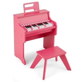 Piano de Juguete 25 Teclas para Niños con Taburete y Atril Velocidad Volumen Ajustables Modo Enseñanza Diseño Madera Rosa