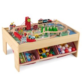 Mesa Tren Madera Niños con 2 Tableros Reversibles 3 Cajones de Tela y Accesorios de Pista de Madera Sólida para Niños de 3+ Años Rojo