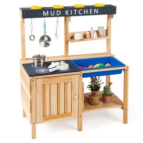 Cocina Juguete de Madera con Fregadero Accesorios 2 Estantes y Ganchos para Niños de 3-8 Años 80 x 40 x 94 cm Natural