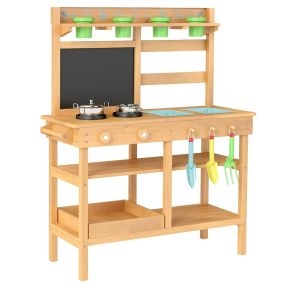 Cocina de Barro para Niños Cocina de Juguete de Madera para Exterior con Grifo Fregaderos Desmontables Pizarra Placas de Cocción Natural
