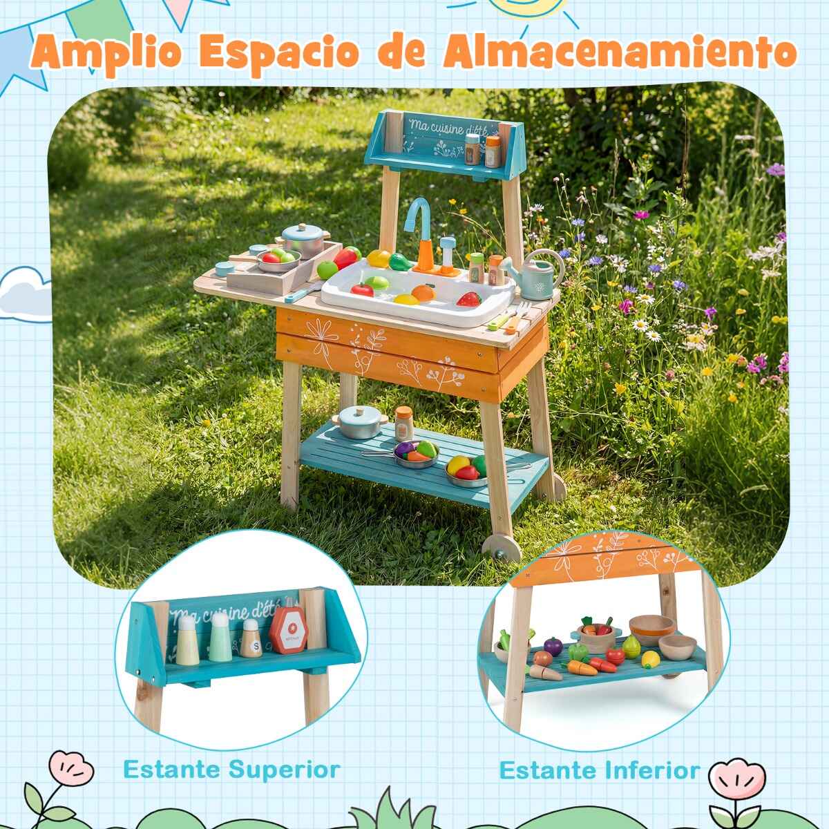 Cocina de Juguete para Niños Cocinita de Juguete de Madera con Fregadero Extraíble Parrilla Botones de Rotación Grifo de Circulación Naranja