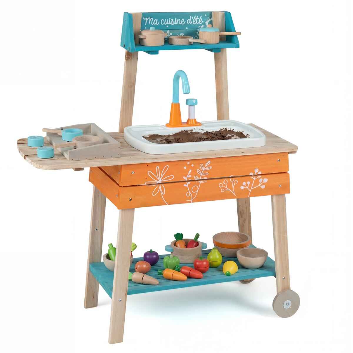 Cocina de Juguete para Niños Cocinita de Juguete de Madera con Fregadero Extraíble Parrilla Botones de Rotación Grifo de Circulación Naranja