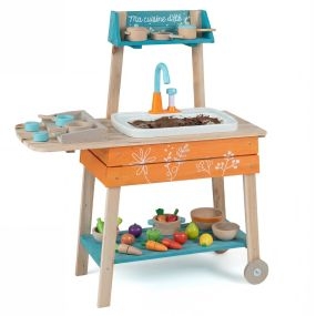 Cocina de Juguete para Niños Cocinita de Juguete de Madera con Fregadero Extraíble Parrilla Botones de Rotación Grifo de Circulación Naranja