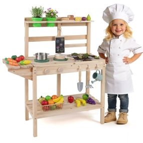 Cocina para Niños de Madera con Fogones Pomos Giratorios Pizarra Macetas Estantes Almacenaje Juego de Cocina 3+ Natural