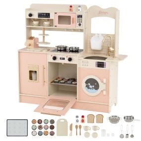 Cocina de juguete de madera para niños con luz y sonido, accesorios, horno, microondas y grifo rosa