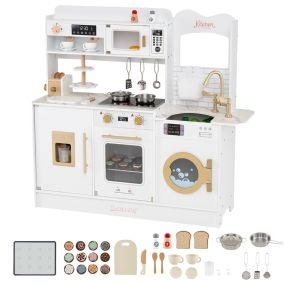 Cocina de juguete de madera para niños con luz y sonido, accesorios, horno, microondas y grifo, blanco, 3+ años