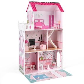 Casa de Muñecas de Madera con 18 Piezas de Muebles y Escalera Para Historias Imaginativas y Juego de Rol de Princesa Rosa