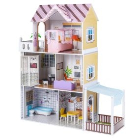 Casa de Muñecas de Madera Rosa 3 Pisos para Niños 3+ con Balcón Jardín 16 Accesorios Muebles Concepto Abierto Casa de Juegos Familiar