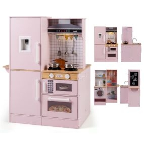 Cocina Juguete Doble Cara Madera con Dispensador Agua Microondas y Utensilios Simulación Luces y Sonidos para 3+ Años Rosa