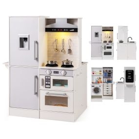 Cocina Juguete Doble Cara Madera con Dispensador Agua Microondas y Utensilios Simulación Luces y Sonidos para 3+ Años Blanco