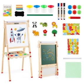 Caballete de Arte de Madera para Niños Caballete Plegable 3 en 1 de Doble Cara con Pizarra Magnética Pizarra Blanca Pizarra Natural
