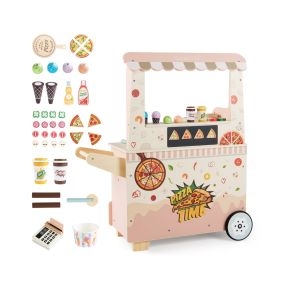 Carrito Comida Niños Madera con Horno Pizarra Magnética Heladería Máquina Pago Tienda Móvil Ruedas 3+ Años Rosa