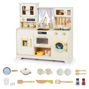 Cocina de Juguete de Madera para Niños con Horno Microondas Grifo y Múltiples Accesorios para 3+ Años Beige