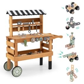 Juego de Herramientas 2 en 1 de Madera para Niños con Accesorios Realistas Ruedas Grandes y Toldo para 3+ Años Madera