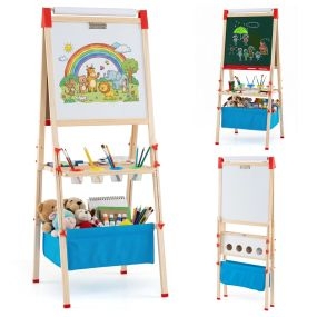 Caballete Arte Infantil Ajustable Plegable Doble Cara con Pizarra Magnética Blanca Rollo Papel 4 Vasos Bandejas Juguete Creativo