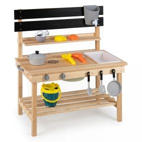 Cocina de juguete de madera para exterior con tablero deslizante, fregaderos, utensilios y estantes de almacenamiento, natural