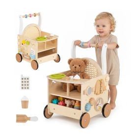 Carrito de compras de juguete de madera natural con accesorios y juegos laterales 35,5 x 31,5 x 50,5 cm