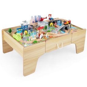 Mesa de tren de madera natural con vías y cajón de almacenamiento para niños 3+ 107 x 63 x 40 cm