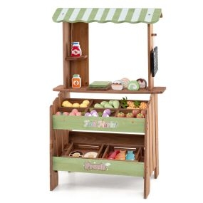 Puesto de venta infantil de madera con estantes, pizarra y alimentos juguete 60 x 33 x 91 cm