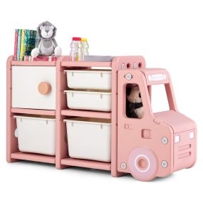 Organizador de Juguetes para Niños Estantería Infantil Forma de Camión con 2 Contenedores 2 Cajones Armario 110 x 32 x 66 cm Rosa