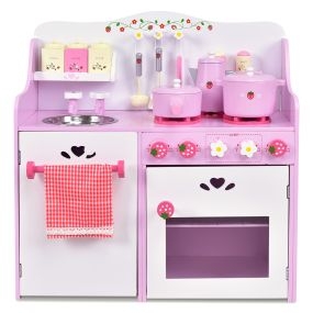 Cocina Juguete para Niña Madera Rosa Fresa Horno Juego Infantil con Accesorio