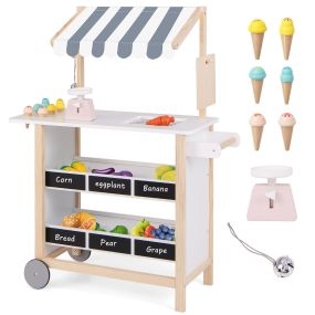Carrito de Helados de Madera para Niños Juguete de Supermercado con 6 Helados Báscula Tenderete del Mercado para Niños 3+ Años Blanco y Girs